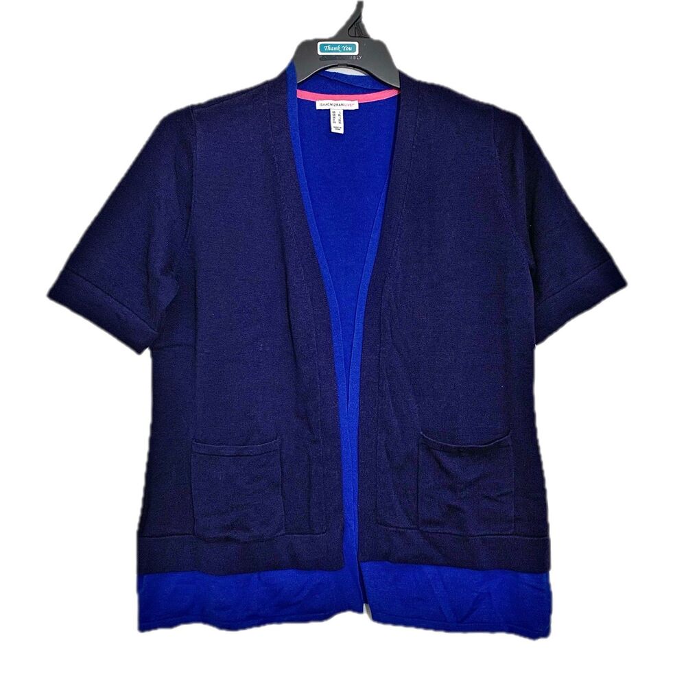 Isaac Mizrahi Live! Cardigan Womens Large Blue Knit V-Neck Pockets Short Sleeve